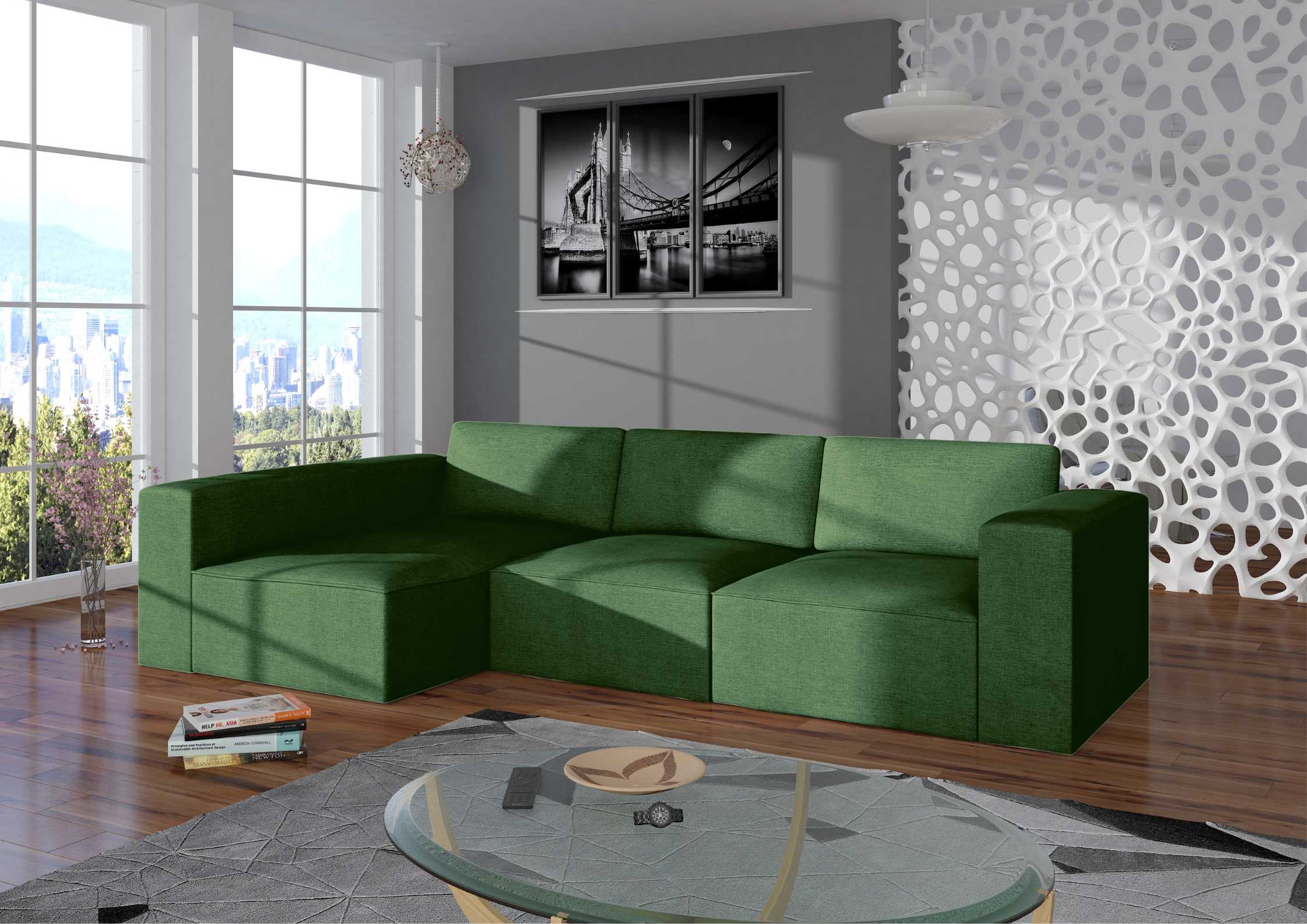 Modułowy narożnik z przeszyciami w kolorze zielonym